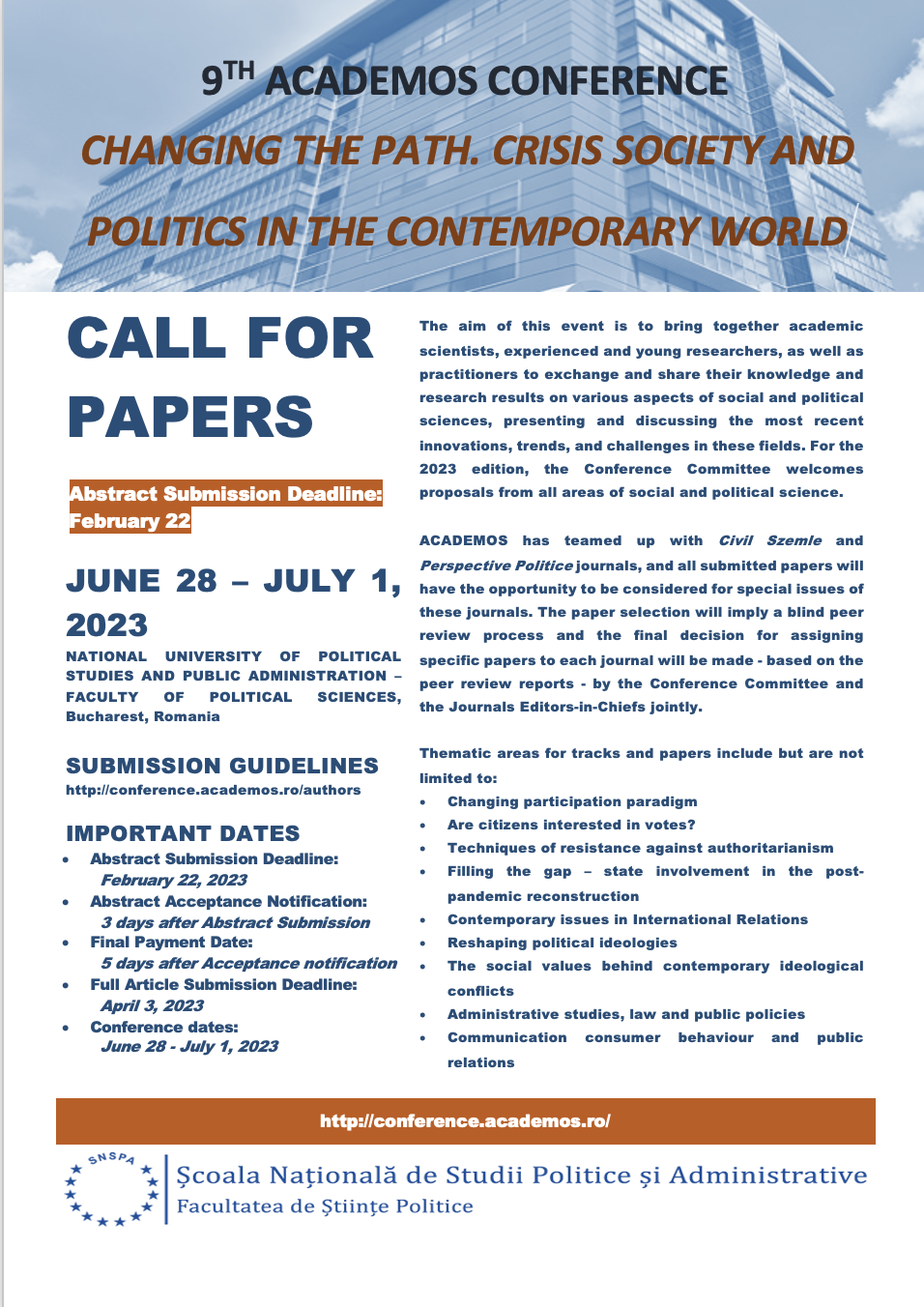 Call for papers – 9th ACADEMOS Conference “Changing the path. Crisis society and politics in the contemporary world”